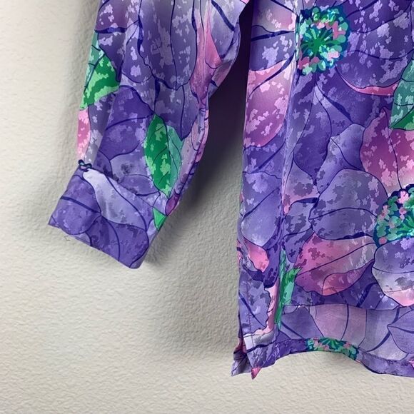 Vintage 80’s Women’s Purple Pink Satin Floral Oversized Button Down Blouse M - Picture 5 of 7
